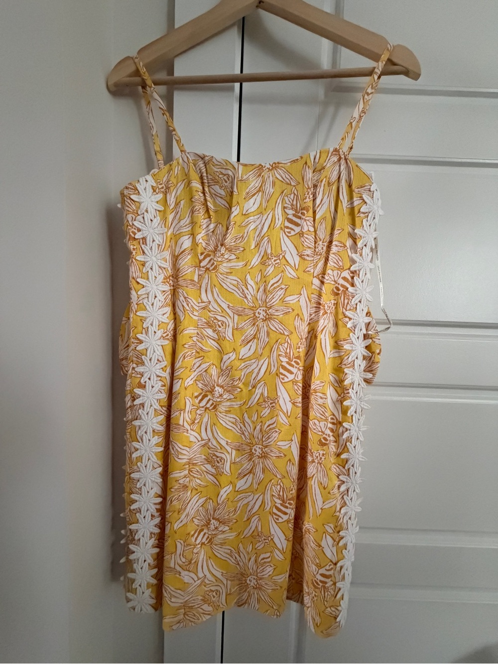 Lilly Pulitzer Yellow Floral Spaghetti-Strap Mini Romper w/ White Lace Trim
